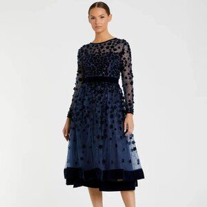 Navy Velvet Embellished Long Sleeve A-Line Dress